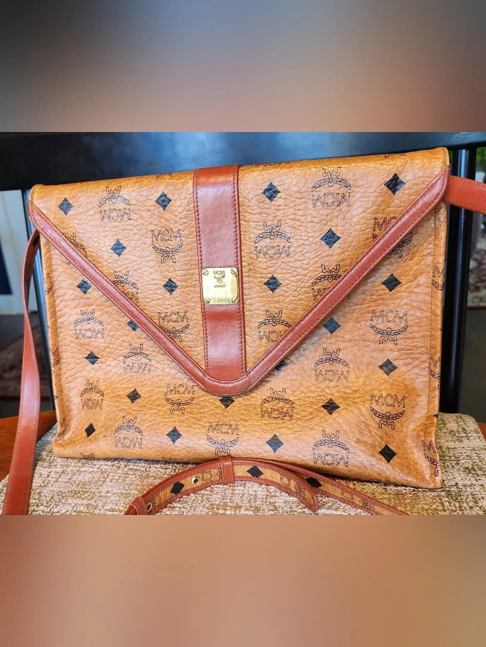 Vintage 1980s MCM Cognac Visetos Envelope Foldover Crossbody OR Clutch - Picture 1 of 12